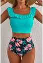 Sea Green Solid Ruffled Square Neck Swim Top and Floral Shorts Bikini Set