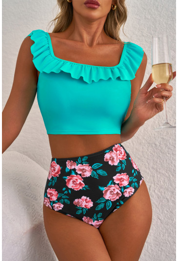 Sea Green Solid Ruffled Square Neck Swim Top and Floral Shorts Bikini Set