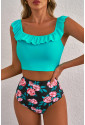 Sea Green Solid Ruffled Square Neck Swim Top and Floral Shorts Bikini Set