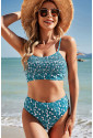 Blue Floral Print Smocked Cute Bikini Set