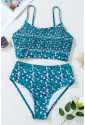 Blue Floral Print Smocked Cute Bikini Set