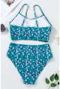 Blue Floral Print Smocked Cute Bikini Set