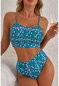 Blue Floral Print Smocked Cute Bikini Set