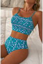 Blue Floral Print Smocked Cute Bikini Set