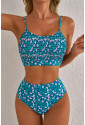 Blue Floral Print Smocked Cute Bikini Set