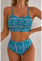 Blue Floral Print Smocked Cute Bikini Set