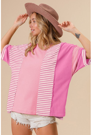 Pink Stripe Color Block Patchwork Loose Half Sleeve T Shirt