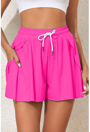 Magenta Drawstring Elastic Waist Lined Ruffle Shorts Bikini Bottom