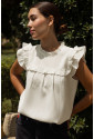 White Ruffle Trim Waffle Knit Blouse