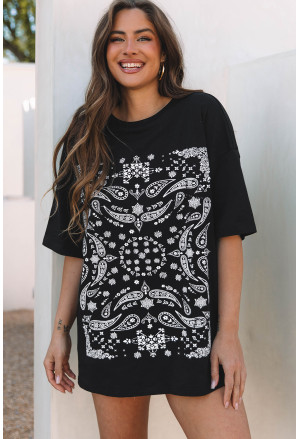 Black Paisley Print  Loose Fit Tunic Tee