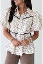 White Contrast Trim Floral Puff Short Sleeve Shirt