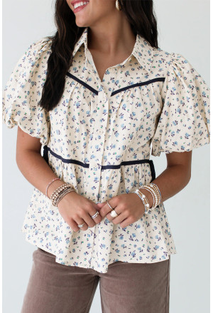 White Contrast Trim Floral Puff Short Sleeve Shirt