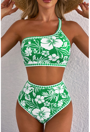 Green Floral Print One Shoulder High Waist Bikini