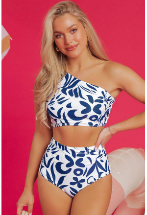 Blue Printed One-shoulder High Waisted Bikini