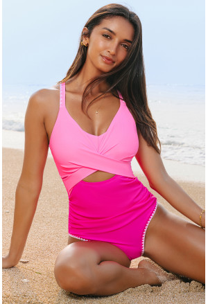 Ric Rac Trim Contrasted Patchwork Cutout One Piece Swimsuit