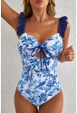 Blue Cutout Ruffled Spaghetti Strap One-Piece Swimwear