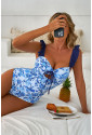 Blue Cutout Ruffled Spaghetti Strap One-Piece Swimwear