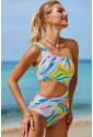 Multicolor Abstract Swirl Print Asymmetric Cutout One Piece Swimsuit