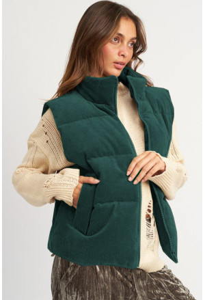 Corduroy Stand Neck Zipped Puffer Vest