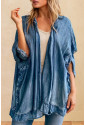 Dusk Blue Chambray Ruffle Hem Half Sleeve Open Loose Kimono