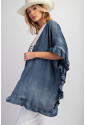 Dusk Blue Chambray Ruffle Hem Half Sleeve Open Loose Kimono