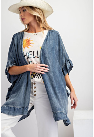 Dusk Blue Chambray Ruffle Hem Half Sleeve Open Loose Kimono