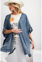 Dusk Blue Chambray Ruffle Hem Half Sleeve Open Loose Kimono