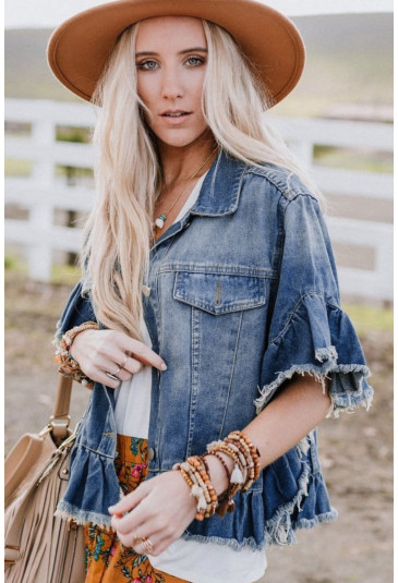 Raw Edge Ruffled Short Sleeve Denim Jacket