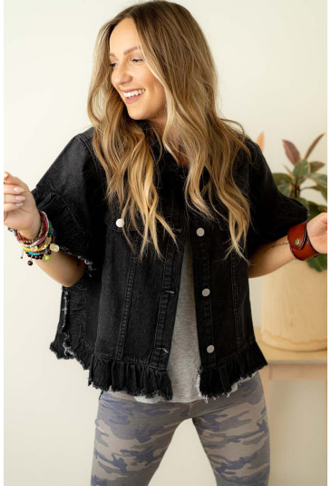 Raw Edge Ruffled Short Sleeve Denim Jacket