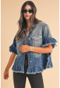 Raw Edge Ruffled Short Sleeve Denim Jacket