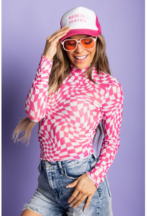 Checkered Pattern Mesh Mock Neck Long Sleeve Top