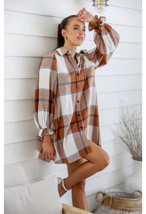 Khaki Plaid Pattern Collared Neck Ruffled Sleeve Shirt Dress