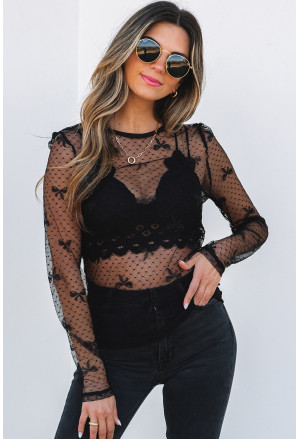 Mesh Mock Bow Neck Long Sleeve Top