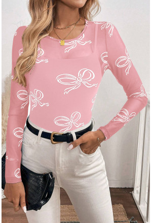 Pink Mesh Mock Bow Neck Long Sleeve Top