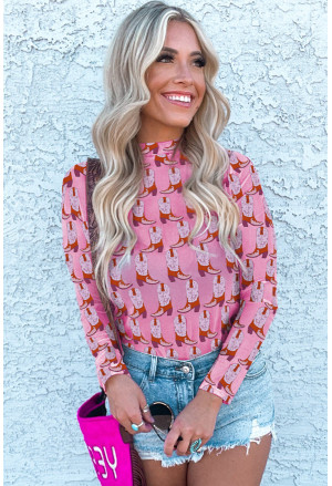 Pink MeshNeck Long Sleeve Top COWGIRL