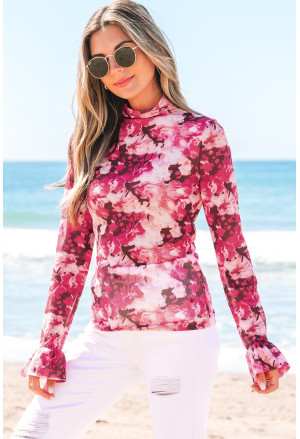 Rose Floral Mesh Flounce Sleeve Mock Neck Blouse