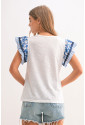 Rose Ricrac Trim Printed Flutter Sleeve Contrast Patchwork Blouse