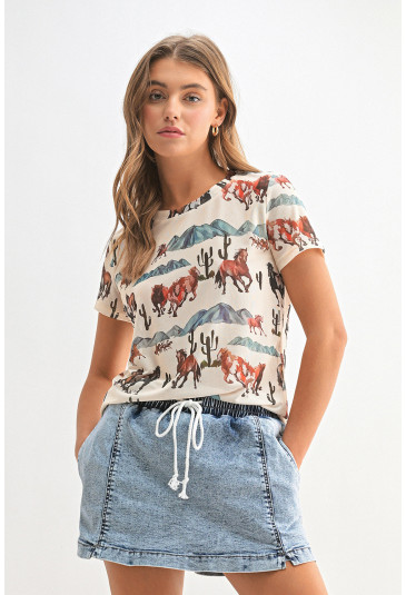 Western Mustang Printed Mesh T Shirt