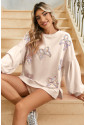 Beige Embroidered Bow Lantern Sleeve Oversized Pullover Sweatshirt
