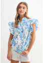 Sky Blue Floral Ruffle Sleeve Frilly Shirt