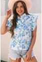 Sky Blue Floral Ruffle Sleeve Frilly Shirt