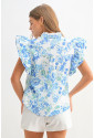 Sky Blue Floral Ruffle Sleeve Frilly Shirt