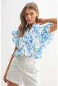 Sky Blue Floral Ruffle Sleeve Frilly Shirt