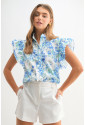 Sky Blue Floral Ruffle Sleeve Frilly Shirt