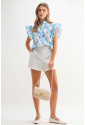 Sky Blue Floral Ruffle Sleeve Frilly Shirt