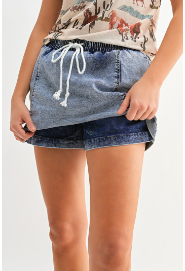 Dusk Blue Drawstring High Waist Pocketed Denim Shorts