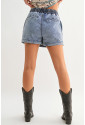 Dusk Blue Drawstring High Waist Pocketed Denim Shorts
