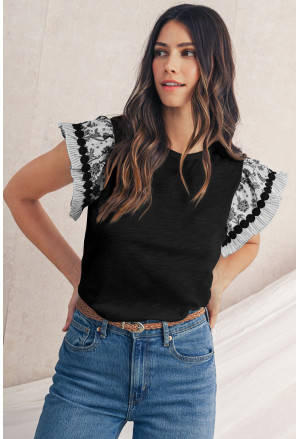 Rose Ricrac Trim Printed Flutter Sleeve Contrast Patchwork Blouse