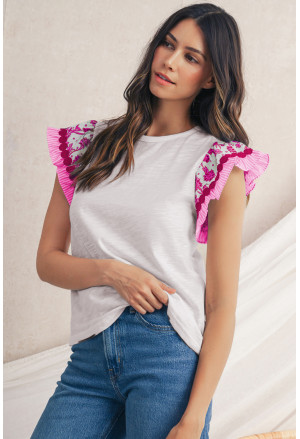 Rose Ricrac Trim Printed Flutter Sleeve Contrast Patchwork Blouse