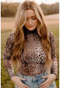 Brown Leopard Smocked Neck Mesh Long Sleeve Bodysuit
